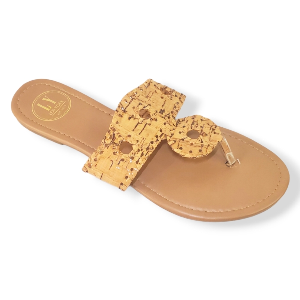#440 Lexi York Cork Twist Disc Sandals Women Flats Size 10 Tan Shoes